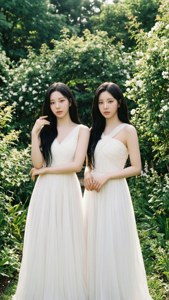 TWICE în rochii albe într-o grădină luxuriantă cu lumină solară blândă.