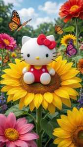 Hello Kitty stă deasupra unei flori de soare gigantice într-o grădină colorată. — Hello kitty GIF Fundal