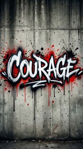 Graffiti îndrăzneț cu textul 'Curaj' pe beton, cu stropi roșii și negri, stil urban grunge. — Cuvinte estetice Fundal