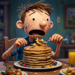 Greg cu fața murdară mâncând un teapă uriaș de clătite. — Pixel Watch 5 Fundal