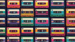 Un model de grilă colorat cu casete audio retro.