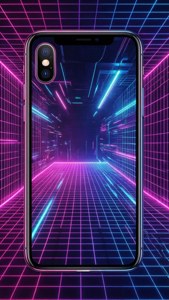 Imagine de fundal cyberpunk cu iPhone X pe o grilă neon.
