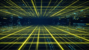 O grilă science-fiction în galben neon și albastru închis, un fundal digital futurist. imagine de fundal