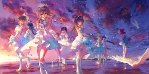 Fond de ecran cu grup de fete anime dansând — Anime dance Fundal