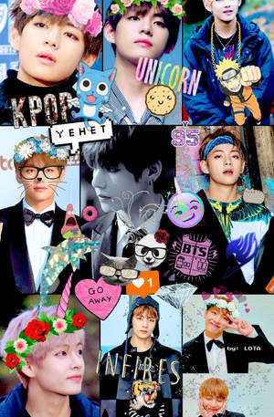 Membrii trupei BTS: V, Jungkook, Jimin, Suga, Jin, RM și J-Hope, cu stickere drăguțe.