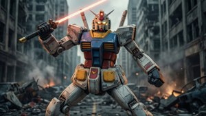 RX-78-2 Gundam într-o poziție dramatică de luptă în mijlocul unui oraș distrus.