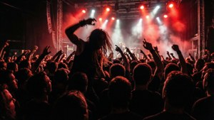 Concert cu mosh pit în estetică emo, iluminat roșu și negru. — Emo estetică GIF Fundal