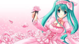Hatsune Miku Kawaii Anime Cu Rochie Roz și Trandafiri