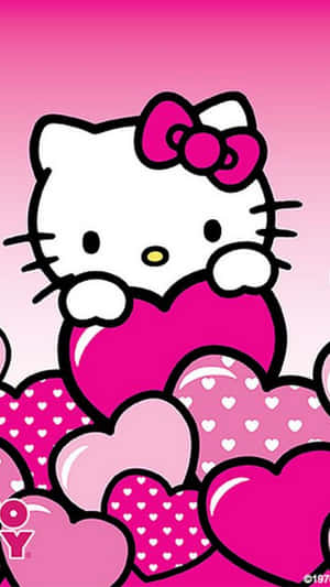 Hello Kitty roz drăguță îmbrățișând inimioare