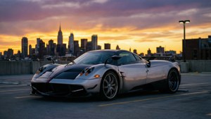 Un Pagani Huayra BC argintiu la amurg pe un acoperiș cu orizontul orașului în fundal. imagine de fundal