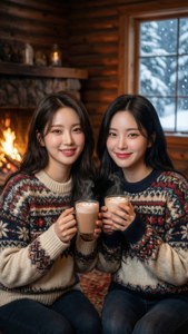TWICE în pulovere călduroase de iarnă, cu zăpadă și lumina caldă a focului.