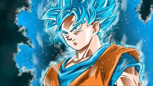 Fundal cu Son Goku în prim-plan, în modul Super Saiyan Blue.