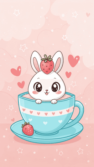 Iepuraș drăguț, ceașcă, căpșună, Kawaii, adorabil, roz, desen animat, inimioare, dulce, fermecător