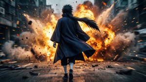 Itachi se îndepărtează calm de o explozie masivă
