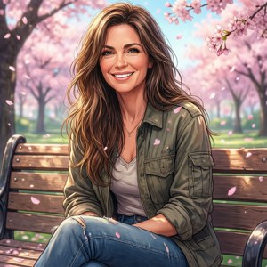 Maria Ross se bucură de o zi liniștită în parc, zambind în ținută casual. — Pixel Watch 4 Fundal