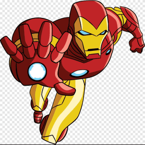 Ilustrație cu Iron Man în zbor, stil desen animat