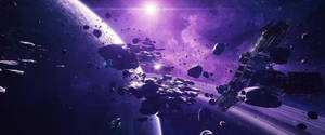 Ultrawide lumină violet, satelit și roci meteoriți în spațiul exterior. — 2560x1080 Fundal