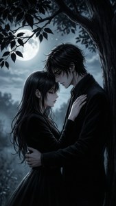 Cuplu romantic anime de culoare sub un copac cu frunze negre — Anime negru Fundal