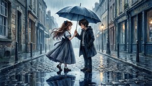 Belldandy și Keiichi împart o umbrelă într-o stradă ploiosă, atmosferă romantică. imagine de fundal