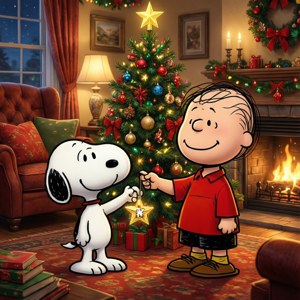 Snoopy și Charlie Brown împodobind împreună un brad de Crăciun într-o cameră caldă. — Tecno Phantom Fundal