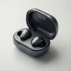 Imagine minimalistă cu căști wireless în carcasa de încărcare. — Muzică estetică Fundal