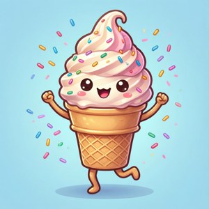 Con de înghețată kawaii amuzant dansând cu fulgi colorați. — Kawaii Fundal