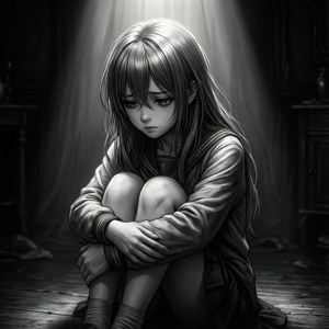 O fată anime tristă îngrămădită într-o cameră întunecată, cu iluminare dramatică. — Anime trist GIF Fundal
