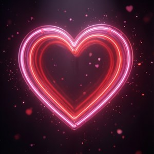 O inimă neon strălucitoare care plutește într-un spațiu întunecat, înconjurată de particule.