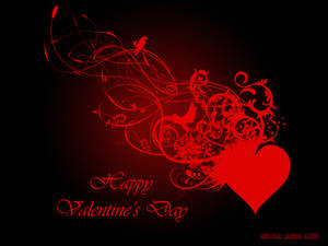 Inimă roșie strălucitoare cu design tribal de frunze și păsări pe jumătate, cu textul "Happy Valentine's Day" scris în roșu în partea de jos. — True Black Fundal