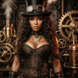 Doja Cat în rolul unei inventatoare steampunk într-un atelier plin de roți dințate.