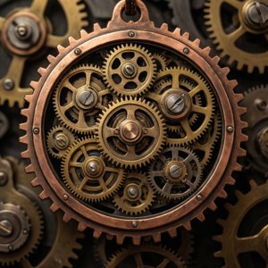 O insignă de încredere steampunk cu roți dințate de cupru și accente de alamă pe un fundal mecanic. — Tecno Phantom Fundal
