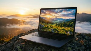 Un MacBook Pro pe un vârf de munte în timpul unui răsarit uluitor. — MacBook Fundal