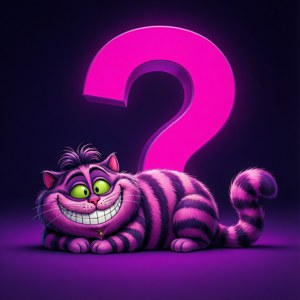 Pisica Cheshire cu un semn de întrebare mare într-un vid colorat. — Cheshire Cat Fundal