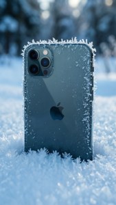 iPhone 11 Pro Max îngropat în zăpadă cu detalii de îngheț și fundal de iarnă.