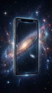 Fond cosmic cu iPhone X plutind printre stele.