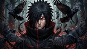 Itachi în stil anime negru, cu ciori și sharingan. — Anime negru Fundal
