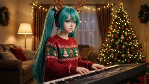 Hatsune Miku cântând la claviatură într-un pulover de Crăciun