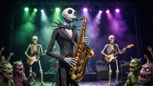 Jack Skellington susține un solo de saxofon în fața unui public de monștri. — Coșmar înainte de Crăciun Fundal