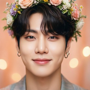 Jimin cu o coroană florală și fundal pastel de piersică — Pixel Watch 3 Fundal