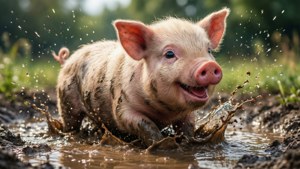 Porc fericit stropindu-se în băltoacă de noroi, stil cartoon — Porc drăguț GIF Fundal