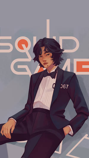 Imagine de fundal cu jucătorul 067 în smoching negru din Squid Game — 067 jocul calmarului Fundal