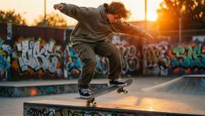 Un skater executând un kickflip în lumina caldă a apusului, cu un fundal de graffiti. — Estetică skater boy Fundal