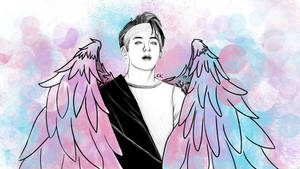 Desen fan art cu Kim Taehyung de la BTS având aripi de înger roz.