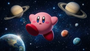 Kirby plutește în spațiul cosmic printre planete și stele, un mic erou roz în univers. — Kirby GIF Fundal