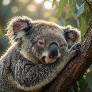 O imagine adorabilă de aproape a unui koala adormit la Grădina Zoologică Taronga din Sydney, în lumina blândă a dimineții. — Pixel Watch 3 Fundal