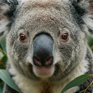Un prim-plan detaliat al feței unui koala, cu un fundal moale. — Tecno Phantom Fundal