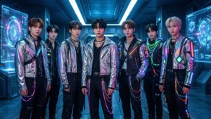 Un grup de băieți Kpop într-un cadru futurist, inspirat de cyberpunk. — Kpop GIF Fundal