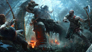 Tapet cu Kratos doborând un troll gigantic în God of War.