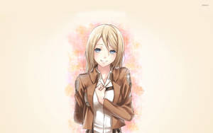 Krista Lenz Historia salutând pe un fundal sclipitor piersică, într-un wallpaper Attack On Titan.