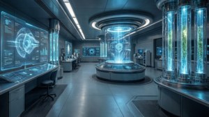 Laborator futurist cu holograme în vedere ultrawide.
